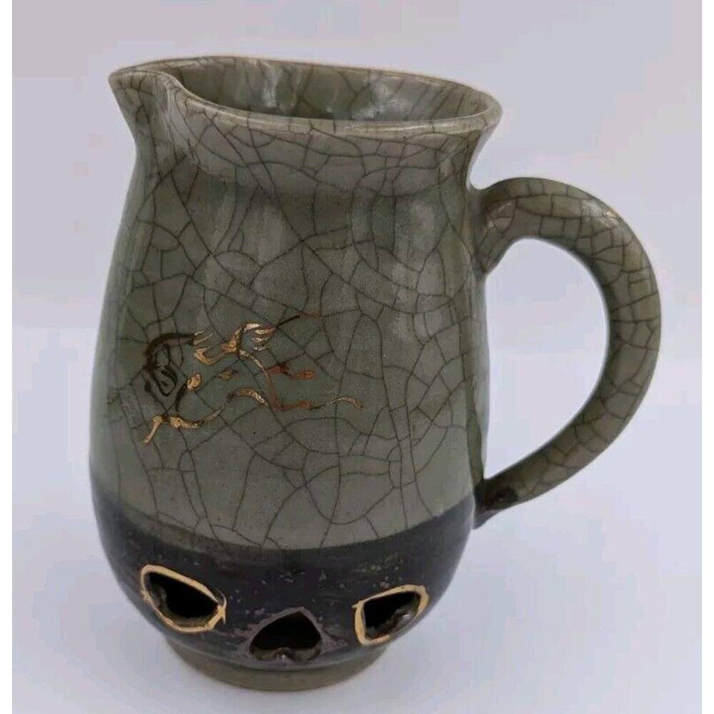 Mid Century Japanese Somayaki Golden Horse and Hearts Double Walled Pitcher 6.5"